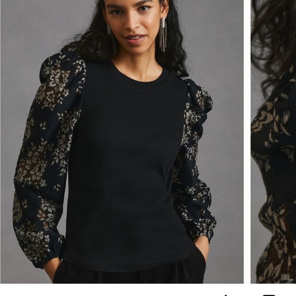 Anthropologie Tops - Anthropologie Dolan  Black and Cream Floral lace Sleeve Blouse